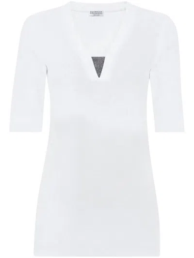 Brunello Cucinelli Stretch Cotton Ribbed Jersey T-shirt With Precious Insert In White
