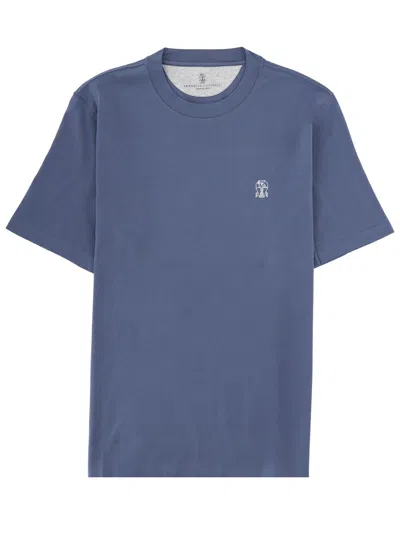 Brunello Cucinelli Men Cotton T-shirt With Contrasting Logo Print In Blue