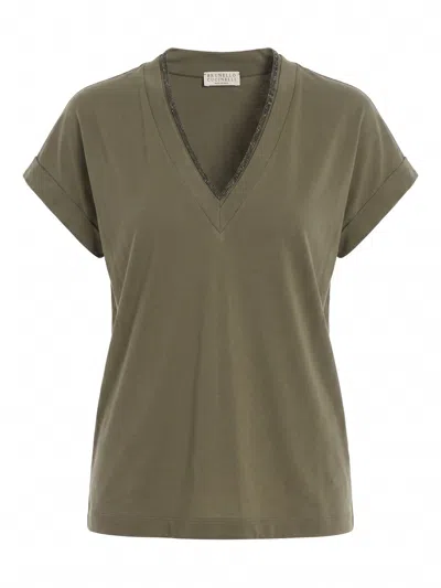 Brunello Cucinelli T-shirt With `precious` Neckline In Green