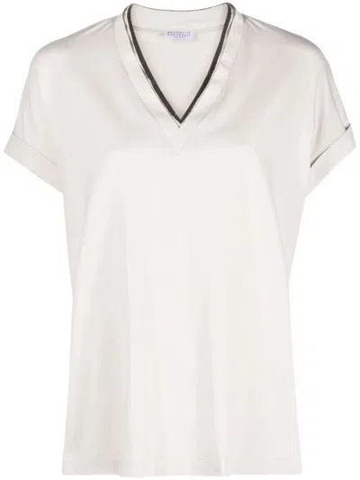 Brunello Cucinelli T-shirt With `precious` Neckline In Multi