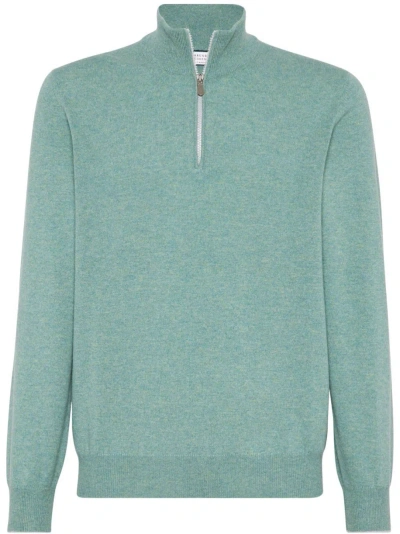 Brunello Cucinelli Men's Cashmere Turtleneck Sweater With Zipper In Green