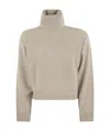 Brunello Cucinelli Turtleneck Sweater In Virgin Wool, Cashmere And Silk Rib In Nude