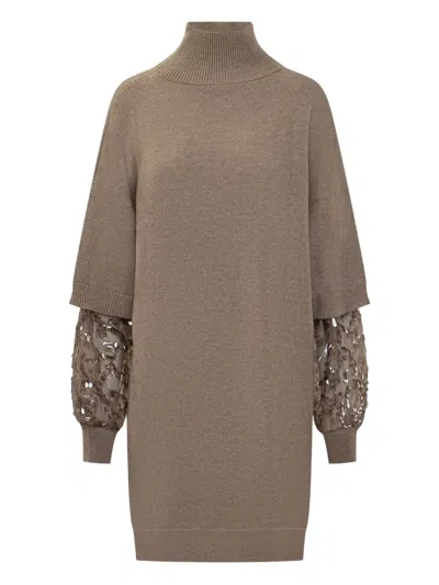 Brunello Cucinelli Turtleneck Sleeve-inserts Day Dress In Brown