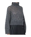 Brunello Cucinelli Grey Openwork Turtleneck Sweater In Gray