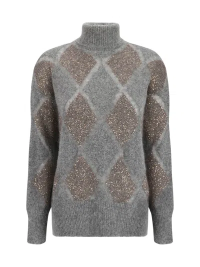 Brunello Cucinelli Diamond Knit Turtleneck Sweater In Grey