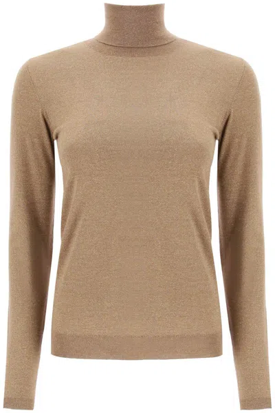 Brunello Cucinelli Turtleneck Sweater In Cashmere And Silk Lurex Knit In Beige