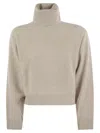 Brunello Cucinelli Turtleneck Sweater In Virgin Wool, Cashmere And Silk Rib In Pearl