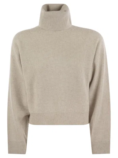 Brunello Cucinelli Turtleneck Sweater In Virgin Wool, Cashmere And Silk Rib In Beige