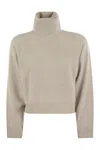 Brunello Cucinelli Turtleneck Sweater In Virgin Wool, Cashmere And Silk Rib In Pearl