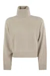 Brunello Cucinelli Turtleneck Sweater In Virgin Wool, Cashmere And Silk Rib In White