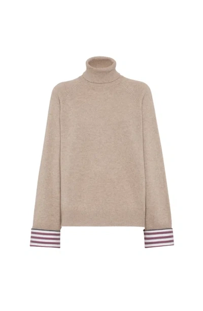 Brunello Cucinelli Turtleneck Sweater With Monili In Brown