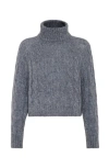 Brunello Cucinelli Wool And Mohair Cable Knit Turtleneck Sweater With In Light Blue Denim