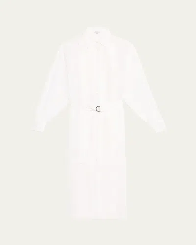 Brunello Cucinelli Tuxedo Bib Long-sleeve Belted Organza Tunic Shirt In Bianco