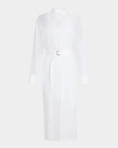 Brunello Cucinelli Tuxedo Bib Long-sleeve Belted Organza Tunic Shirt In Bianco