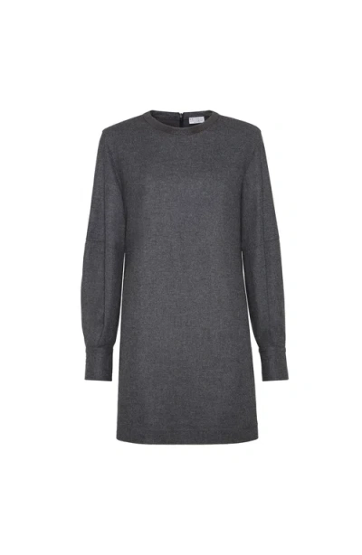 Brunello Cucinelli Twill Flannel Dress With Monili In Gray