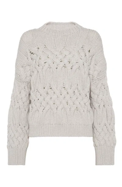 Brunello Cucinelli Twisted Cables Sweater In Pearl Grey