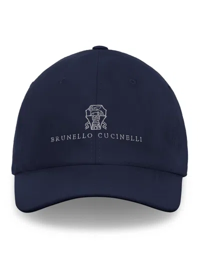 Brunello Cucinelli Men Twisted Cotton Gabardine Baseball Cap With Embroidered Logo In Blue