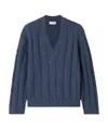 Brunello Cucinelli Cotton Double Cable-knit V-neck Sweater With Micro Pailettes In Blue
