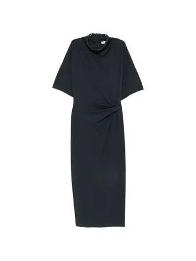 Brunello Cucinelli Twisted-waist High-neck Midi Dress In Blue