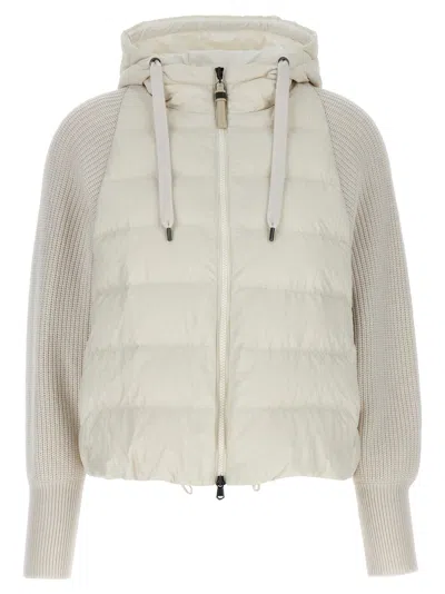 BRUNELLO CUCINELLI TWO-MATERIAL PUFFER JACKET CASUAL JACKETS AND PARKA WHITE