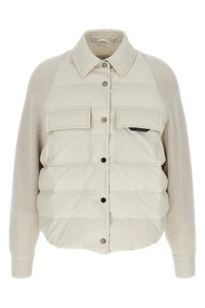 BRUNELLO CUCINELLI TWO-MATERIAL 'SHINY FLAP DETAIL' DOWN JACKET