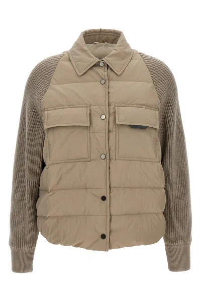 BRUNELLO CUCINELLI TWO-MATERIAL 'SHINY FLAP DETAIL' DOWN JACKET