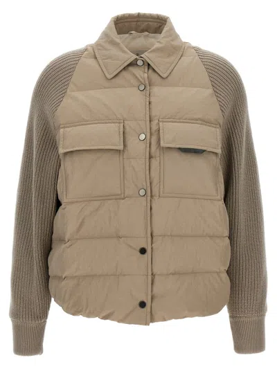BRUNELLO CUCINELLI BRUNELLO CUCINELLI TWO-MATERIAL 'SHINY FLAP DETAIL' DOWN JACKET