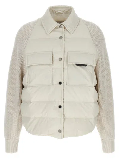 BRUNELLO CUCINELLI BRUNELLO CUCINELLI TWO-MATERIAL 'SHINY FLAP DETAIL' DOWN JACKET
