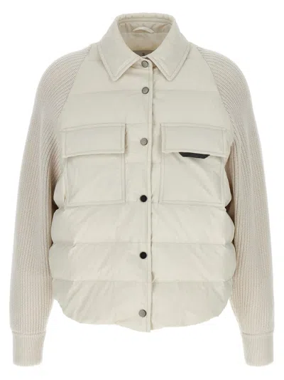 BRUNELLO CUCINELLI BRUNELLO CUCINELLI TWO-MATERIAL 'SHINY FLAP DETAIL' DOWN JACKET