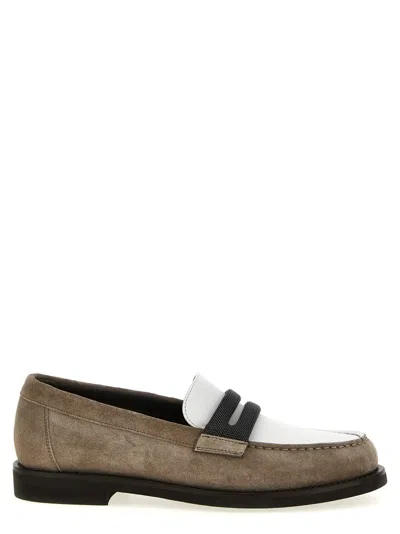 Brunello Cucinelli Two-tone Leather Loafers With Jewel Detail In Brown