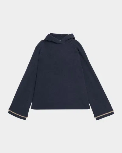 Brunello Cucinelli Two-tone Monili Cuff Wool-cashmere Knit Hoodie In Blue