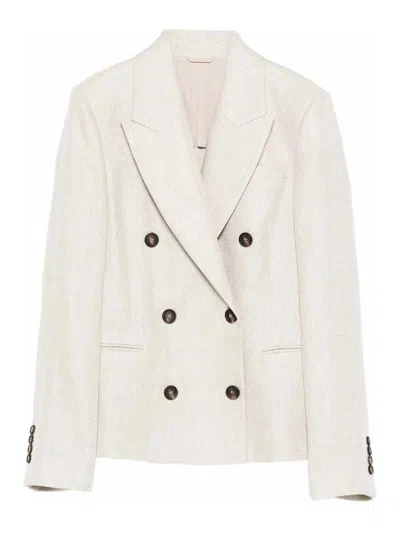 Brunello Cucinelli Two-button Herringbone Blazer In White