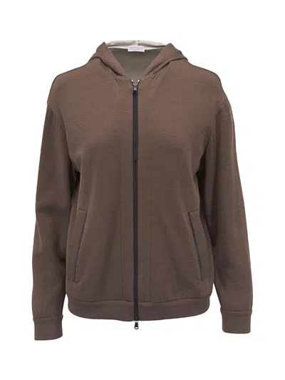 Brunello Cucinelli Two-way Zip Hooded Sweatshirt In Brown