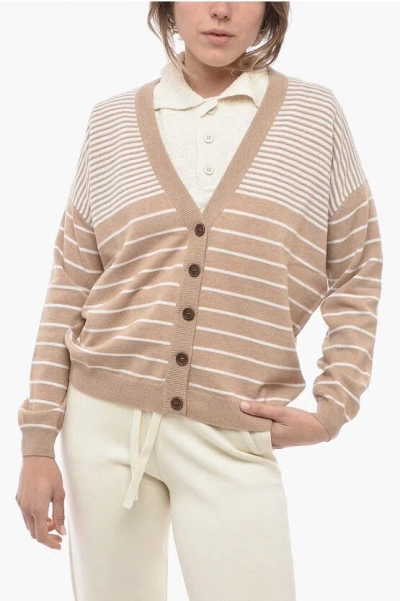 Brunello Cucinelli Unbalanced Stripe Cashmere Blend Cardigan In Neutral