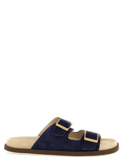 Brunello Cucinelli Urban Dual Band Leather Slide Sandal In Blue
