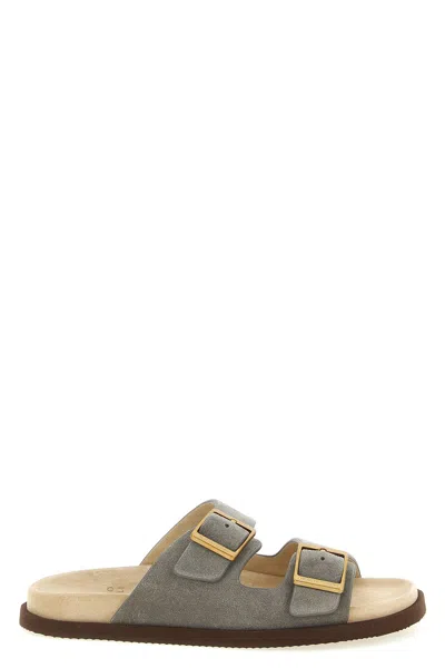 Brunello Cucinelli Urban Slides Open Toe Flat Sole Suede In Gray