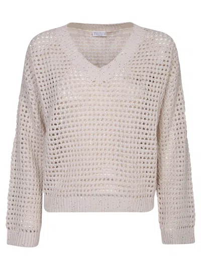 Brunello Cucinelli V-neck Beige Sweater In White