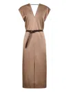 Brunello Cucinelli Women Taupe Cady Satin Belted Midi Dress In Brown