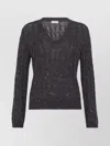 Brunello Cucinelli Textured Ribbed V-neck Sweater With Sparkling Details In Gray