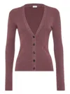 Brunello Cucinelli Stretch Lurex Ribbed Cashmere Cardigan In Burgundy
