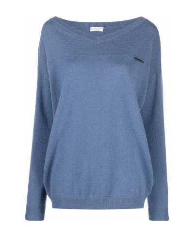 Brunello Cucinelli V-neck Cashmere Jumper In Blue
