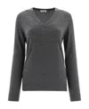 Brunello Cucinelli Long Sleeve Wool Ribbed Jersey T-shirt With Shiny Trim In Gray