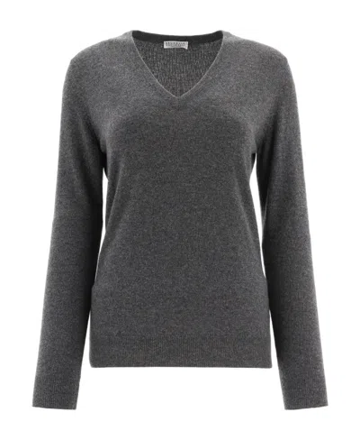 Brunello Cucinelli V-neck Cashmere Jumper In Gray
