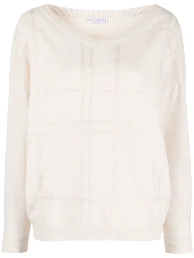 Brunello Cucinelli V-neck Cashmere Jumper In Neutrals