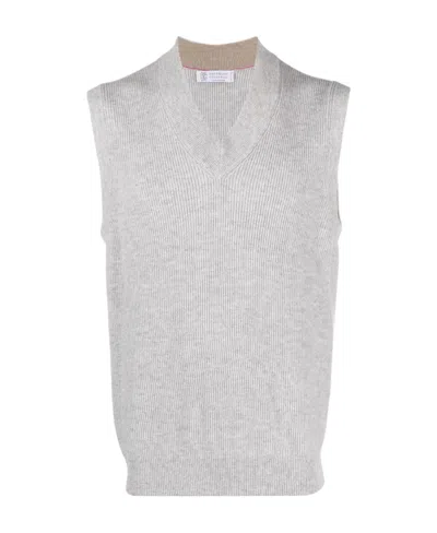 Brunello Cucinelli V-neck Cashmere Knitted Vest In White