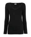 Brunello Cucinelli Black V-neck Pullover With Beads Detailing In Black
