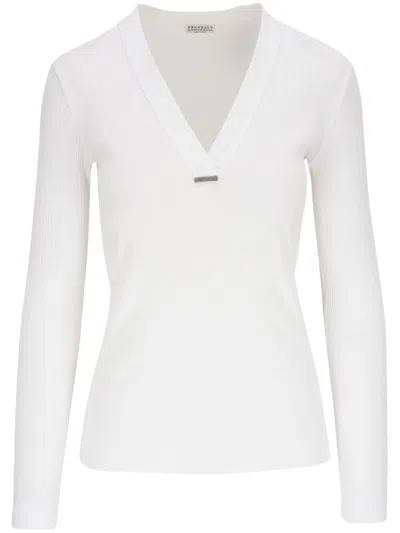 Brunello Cucinelli V-neck Cotton Knitted Top In White