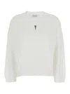 Brunello Cucinelli V-neck White Cotton Sweater With Monil Detail
