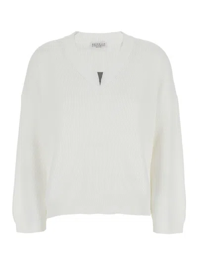 BRUNELLO CUCINELLI BRUNELLO CUCINELLI WHITE SWEATER WITH V NECK AND MONIL DETAIL ON THE NECK IN COTTON WOMAN