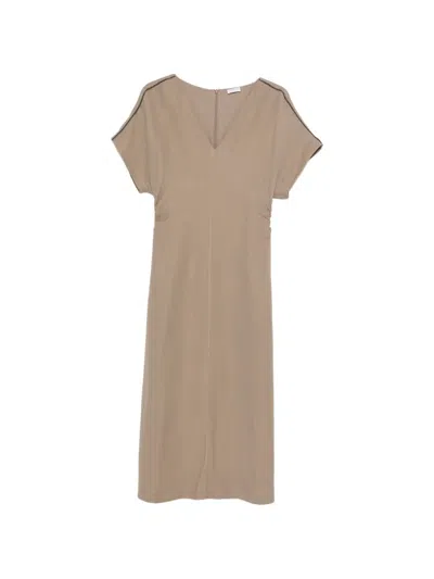 Brunello Cucinelli V-neck Detailed Midi Dress In Neutral